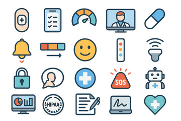 Health technology icons illustrating various medical services and patient care concepts in a user-friendly design