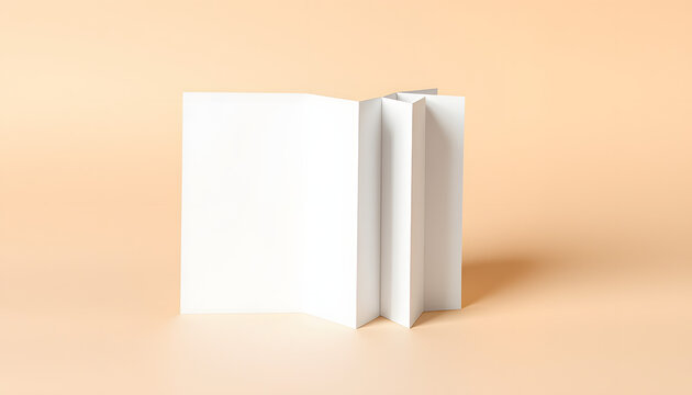 Flyer mockup with accordion fold (zigzag or leporello fold) standing on a beige background, professional photography. White tone