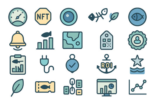 Icons representing digital concepts related to finance, analytics, and sustainability in a modern design