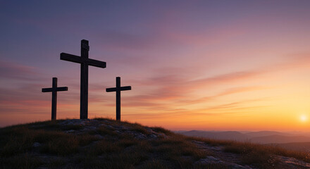 Three crosses stand silhouetted against a vibrant sunrise symbolizing hope and faith in a serene