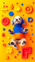 Obraz premium A fluffy dog in a sweater and headphones lies on a vibrant yellow background surrounded by colorful, 3D geometric shapes and floral elements
