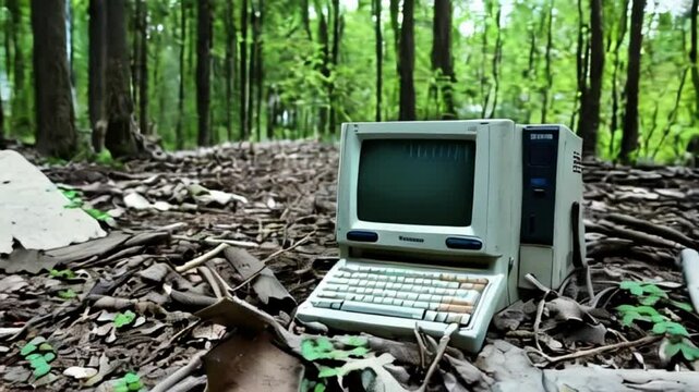 Old computer abandoned in forest debris created with generative ai