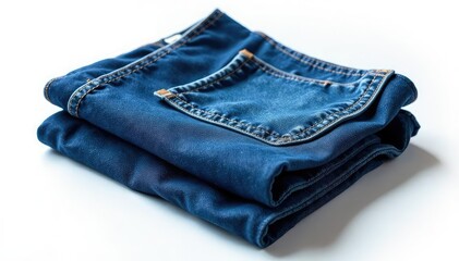 Classic blue denim jeans, crisply folded on pure white , casual, isolated, wrinkles