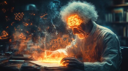Inspired scientist writing with fiery energy