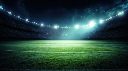 Nighttime Stadium Scene with Bright Floodlights Illuminating the Grass Field in a Professional Sports Setting Ideal for Soccer and Other Events