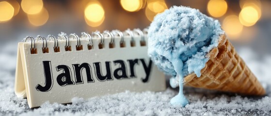 A calendar marked 'January' sits beside a melting blue ice cream cone in a snowy setting, symbolizing cold and seasonal irony through playful visual metaphor.