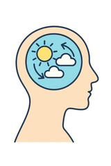 Minimalist illustration of a human head with sun and clouds inside symbolizing positive mindset, emotional balance, and mental wellness