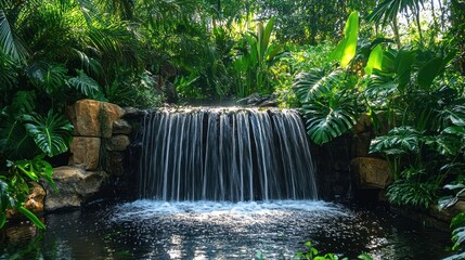 Serene cascade through lush tropical foliage, a haven of tranquility and vitality