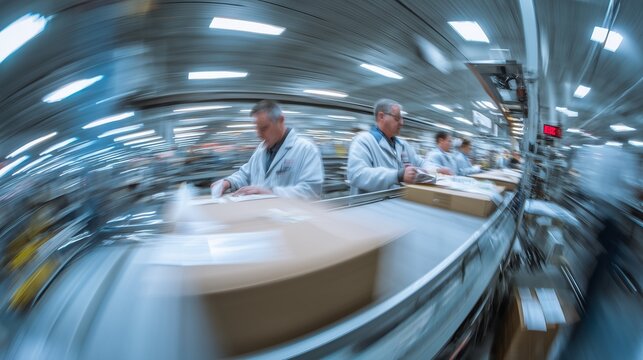 A line of male workers in light lab coats sort papers on a moving assembly line with exaggerated radial blur, portraying industrial routine and urgency.