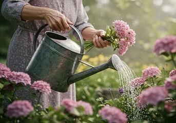 Watering Pink Hydrangeas With Metal