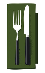 Cutlery on Vertical Green Napkin - Vector Illustration
