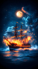 Fototapeta premium A majestic galleon, ablaze with ethereal fireflies, sails under a full moon across a dark, turbulent sea, amidst swirling clouds and a starry night
