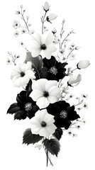 Naklejka premium Monochrome floral arrangement featuring various blossoms and buds in shades of grey, black, and white, with detailed leaves and stems