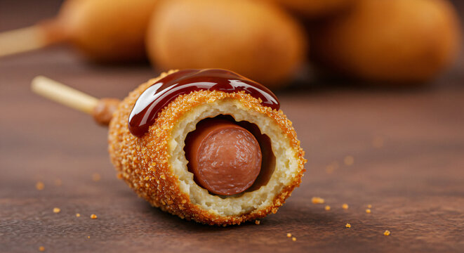 Bitten corn dog showing the sausage inside. It's coated in a golden-brown layer of batter. There's a drizzle of sauce on top, and more corn dogs are visible in the background on a wooden surface. - Powered by Adobe