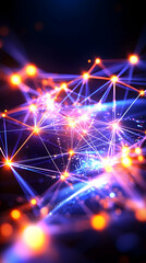 Obraz premium Abstract network visualization; glowing nodes and lines form a complex web over a blurred planetary surface, vibrant in blue, orange, and purple hues