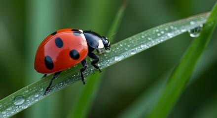 Fototapeta premium Ladybug Macro on Dewy Grass Blade with Morning Light and Natural Color Details