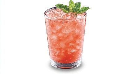 Refreshing pink drink with ice and mint garnish, isolated on white background