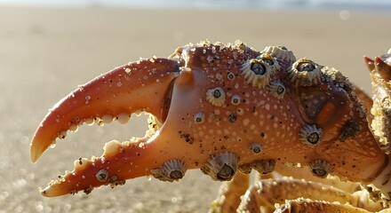 Crab Claw Macro with Sand Texture and Ocean Surface Detail in Harsh Sunlight