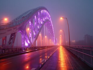 Obraz premium Luminous Bridge in Fog: The elegant bridge, adorned with an array of lights, pierces through a dense, ethereal fog, creating a captivating scene with a mesmerizing color palette.