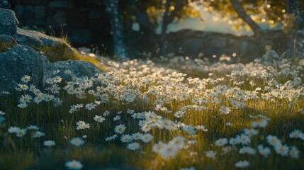 Lush field of wildflowers bathed in golden sunlight.