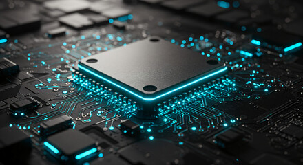 Close-up of a computer microchip on a circuit board. It's illuminated with a blue glow, highlighting its connections to the board. The surrounding is filled additional electronic components.