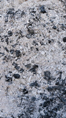 Close-up view of a pile of white and black wood ash with charcoal remnants, showing rough texture...