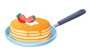 Strawberry Pancakes in Pan - Vector Illustration