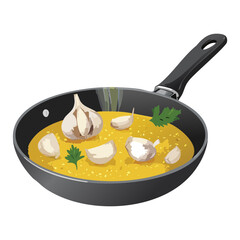 Pan with Garlic and Fresh Parsley - Vector illustration