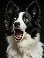 Fototapeta premium A startled black and white dog with wide eyes and open mouth against a dark background