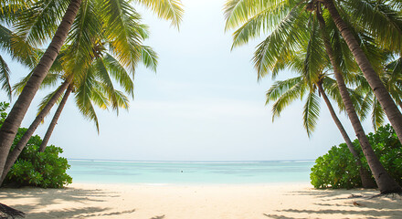 Obraz premium A picturesque tropical beach scene with white sand, turquoise water, and swaying palm trees framing the view. Perfect for relaxation and escape.