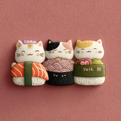 Sushi Cat Trio: A whimsical and charming image of three delightful cat figures, creatively transformed into adorable sushi, showcasing a playful fusion of Japanese cuisine and feline charm.