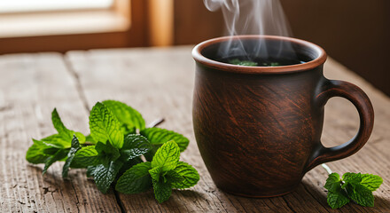 A steaming cup of herbal tea sits beside fresh mint leaves on a rustic wooden table, showcasing a moment of calm and natural refreshment. .