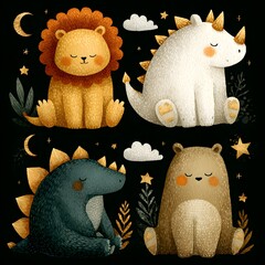 Cozy Creature Quartet: Adorable illustrated animal characters, including a lion, dinosaur, bear and a rhino, bask in a star-studded night, with peaceful expressions and whimsical charm. 