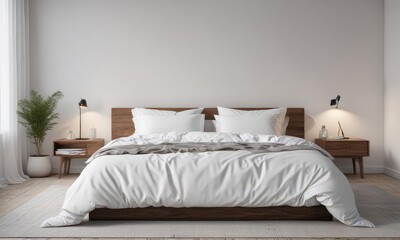 King-size bed, pristine white bedding, Scandinavian minimalist room , cotton sheets, king size, minimalist