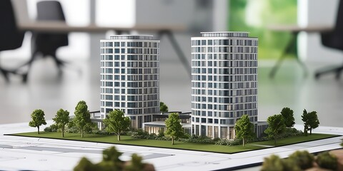 Architectural scale model of two modern high-rise residential towers surrounded by greenery, representing urban development, construction planning, and real estate design

