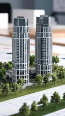 Architectural scale model of two modern high-rise residential towers surrounded by greenery, representing urban development, construction planning, and real estate design

