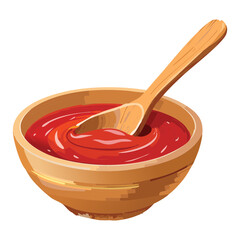 Wooden Bowl with Tomato Sauce - Vector Illustration