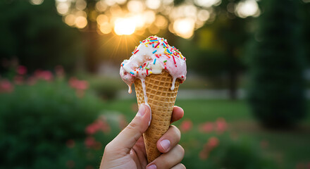 Ice cream cone with sprinkles melts in hand against a sunset backdrop.