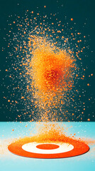 Exploding orange powder creates a vibrant, dynamic splash against a teal backdrop, settling onto a circular target