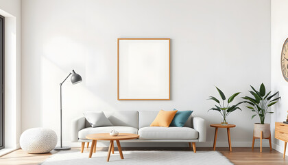 Mock up poster frame in modern interior. Scandinavian home design. White tone