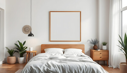 Cozy bedroom with empty poster frame. Frame mockup in interior. White tone
