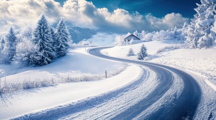 Obraz premium Snowy winter landscape with winding road and cozy house.