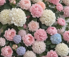 Fototapeta premium Soft pastel vintage floral wall Roses, peonies, hydrangeas in bloom , shabby chic decor, flower arrangement, cream