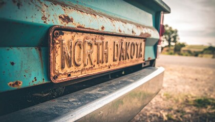 Rusty north dakota license plate on vintage blue car in rural setting