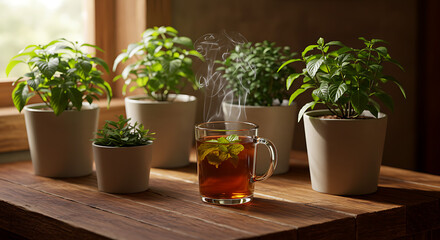 Fototapeta premium Aromatic tea with fresh herbs and potted plants, creating a tranquil indoor oasis. Steaming brew on wooden table surrounded by greenery.