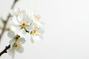 Delicate white blossoms against pure white backdrop, minimalist, detail, spring