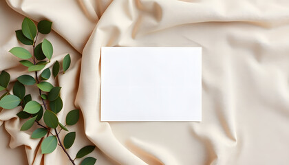 Blank paper sheet card with mockup copy space on neutral beige linen blanket. Minimal aesthetic business brand template. Flat lay, top view, craft clay. White tone