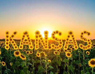 Naklejka premium Sunset over kansas sunflower field with creative sunflower lettering