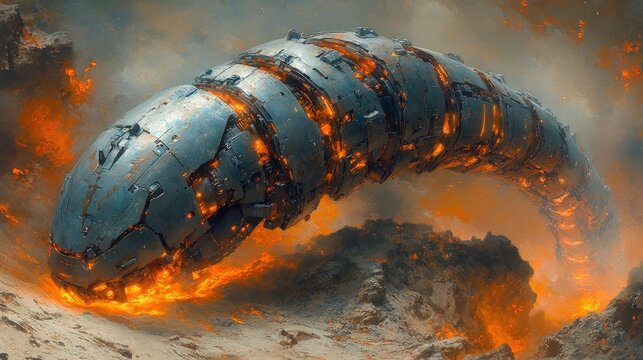 Damaged spaceship, fiery crash landing