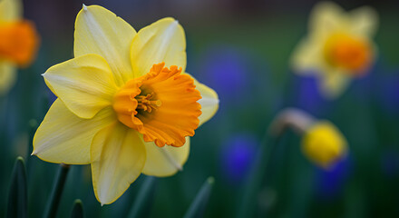 Fototapeta premium A vibrant daffodil flower showcases a striking yellow and orange color combination. Its petals are smooth, while the ruffled corona creates a captivating focal point in a natural garden setting.